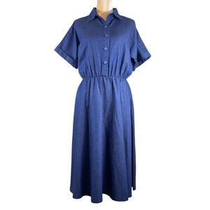 80s Vintage Malouf Dark Blue Chambray Short Sleeve Shirt Dress with Pocket 10